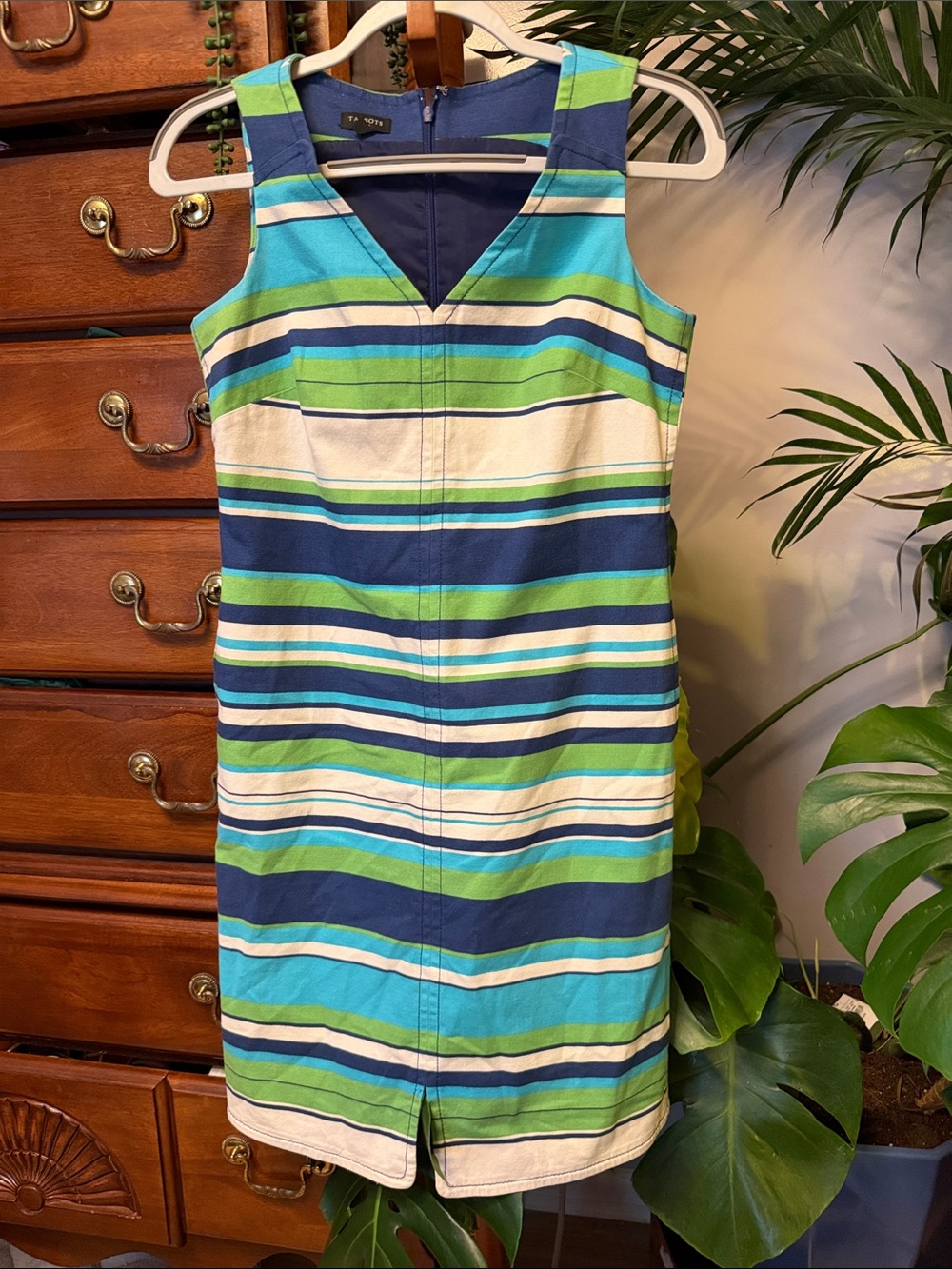 Talbots Structured Cotton Nautical Striped V-Neck Sheath Dress- 4P- 18” p2p